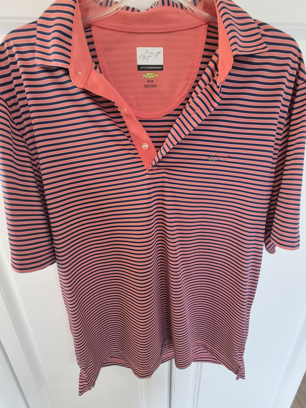 Greg Norman Collection Men's Coral and Navy Striped Polo Shirt Medium